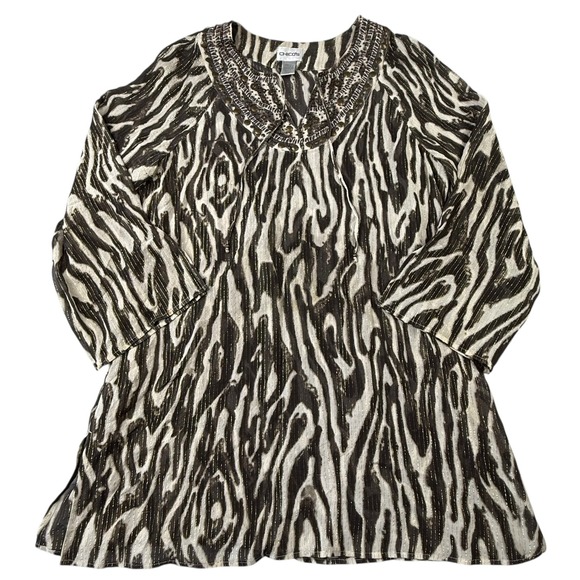 Chicos Women Top Blouse Size Medium (1) Animal Print 3/4 Sleeve Shirt Tunic - Picture 1 of 9